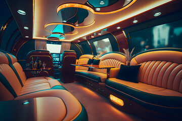 Luxurious expensive leather interior inside a passenger limousine. Generative AI - obrazy, fototapety, plakaty