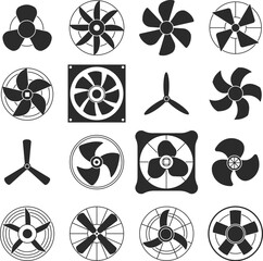 Black silhouette cooling fan icons. Blades cold fans, airplane propeller or computer ventilator. Air logo, technology turbine decent vector symbols © MicroOne