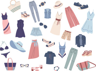 Summer cloth and accessory. Stylish pants, fashion pack of shoes, skirt, dress, beach bag. Vacation sundress, beach apparel kicky vector collection