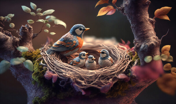 A family of birds building a nest in a tree