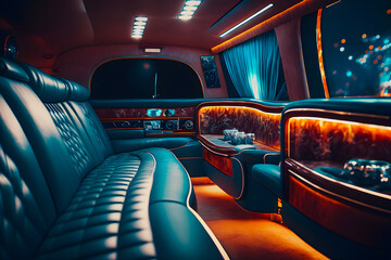 Luxurious expensive leather interior inside a passenger limousine. Generative AI - obrazy, fototapety, plakaty