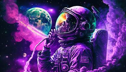 Astronaut in space in a colorful planet psychedelic Generative AI