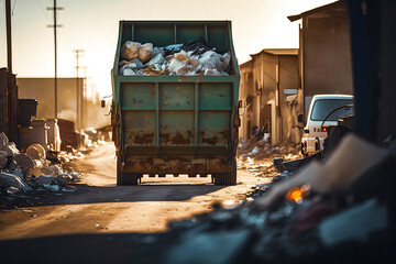 Landfill waste disposal. Industry garbage truck unloads rubbish in dump. Concept environmental plastic trash pollution. Generation AI