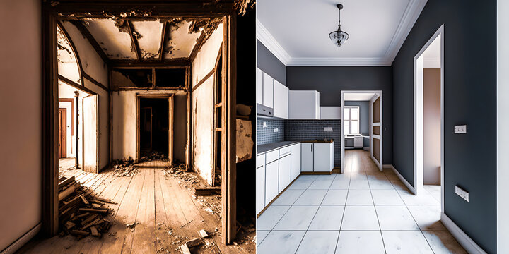 Concept Renovation interior of house. Apartment before and after restoration and refurbishment. Generation AI