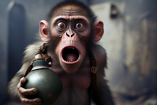ilustration, a funny monkey in an army uniform with a grenade in his hand, Generative AI