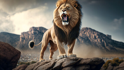 lion on the rock roaring Generative AI - obrazy, fototapety, plakaty