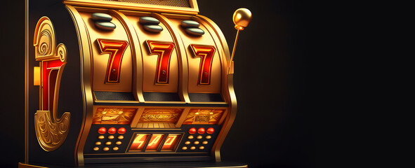 Casino banner, slot machine with 777 symbols, golden color. Generation AI - obrazy, fototapety, plakaty