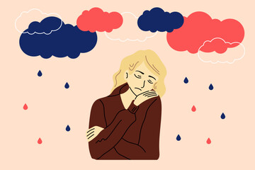 Sad, unhappy young woman under dark clouds and rain. Psychology, depression, bad mood. Vector illustration in cartoon style.