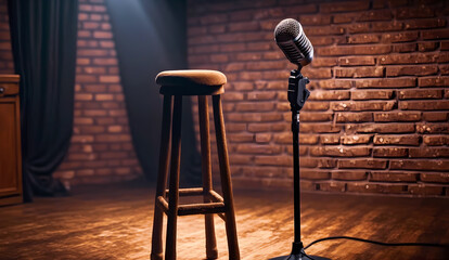 Poster stand up comedy stage microphone with reflectors ray. Concept open mic for monologue. Generation AI