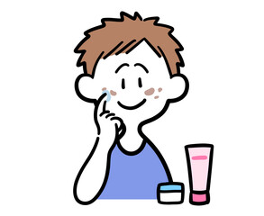 顔のシミに薬を塗り込む男性