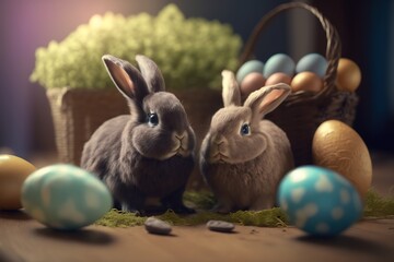 Cute easter bunny with colored eggs. Generative AI.