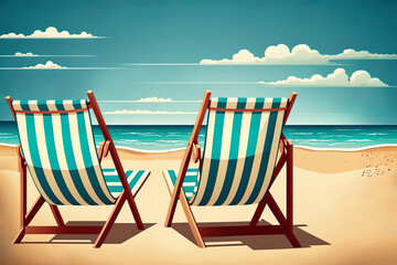 Sommerurlaub am Strand mit Liegestühle und Meerblick, Illustration