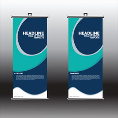 Business Roll Up Set. Standee Design. Banner Template, Abstract Blue Geometric Triangle Background vector, flyer, presentation, leaflet, j-flag, x-stand, x-banner, exhibition display,