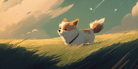 dog in the grass sunset