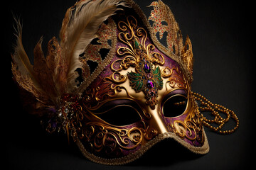 Venetian carnival masks and beads decoration. Mardi gras background. Generative AI