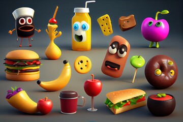 Cute Cartoon Food Characters. Created with Generative AI Technology