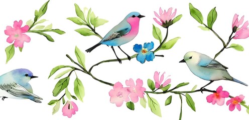 colorful birds. pink flower. minimalist. pastel color style. watercolor style painting