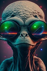 Portrait of alien with sunglasses with reflection of the universe. Concept of UFO and science-fiction. Generative AI.