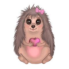 Cute hedgehog with apple illustration. Hand drawn watercolor illustration of a little cartoon hedgehog. Design for nursery wall art, textile, greeting cards, invitations, wallpapers.