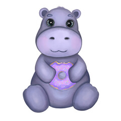 Cute blue hippo with donut illustration. Hand drawn watercolor illustration of a little cartoon Hippopotamus boy with glazed donut. Design for nursery wall art, textile, greeting cards, invitations.