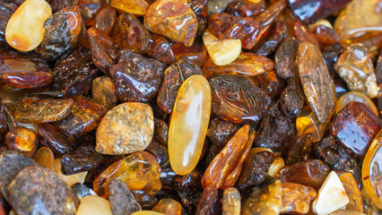 A pile of polished Baltic amber. Natural decorative material used in jewelry. Organic gold