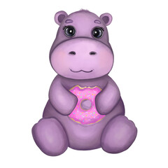 Cute pink hippo with donut illustration. Hand drawn watercolor illustration of a little cartoon Hippopotamus girl with glazed donut. Design for nursery wall art, textile, greeting cards, invitations.