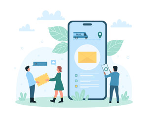 Postal service online vector illustration. Cartoon people track delivery of letter via mail mobile app in big phone, envelope and truck on smartphone screen, tiny courier holding envelope to carry