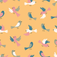 Spring theme seamless pattern with abstract hand drawn birds. Vector illustration.