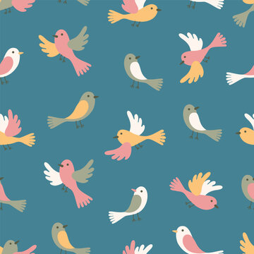 Spring theme seamless pattern with abstract hand drawn birds. Vector illustration.