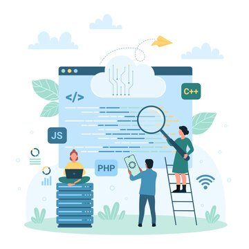 Program code development technology vector illustration. Cartoon tiny people studying script in software window with magnifying glass, developers and testers team using computer, phone or laptop