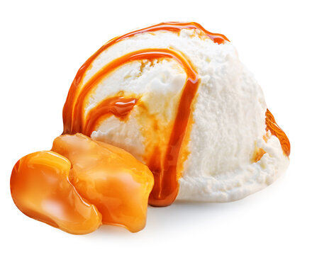 Vanilla ice cream with Melting caramel pieces isolated on white background, closeup.