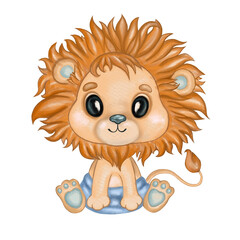 Cute lion in nappy illustration. Hand drawn watercolor illustration of a little cartoon baby lion. Design for nursery wall art, textile, greeting cards, invitations, wallpapers.
