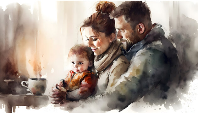 Sgenarized with the help of a neural network , Happy family, watercolor painting, gentle tones.
