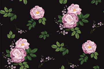 Seamless floral pattern with delicate roses in vintage style. Beautiful botanical print with hand drawn plants: large flowers, leaves in bouquets on a dark background. Vector illustration.
