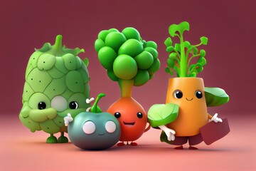 Fototapeta premium 3D Illustration of Cute Cartoon Vegetables Characters. Created with Generative AI Technology