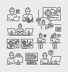 Engineer Technician Work on Computer Hardware Engineering Vector Line Icons