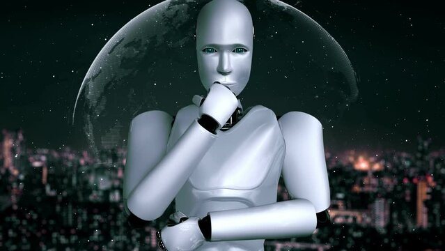 Futuristic robot artificial intelligence huminoid AI programming coding technology development and machine learning concept. Robotic bionic science research for future of human life. 3D rendering.