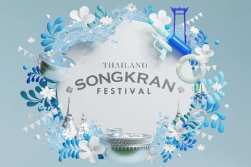 Gordijnen 3d Songkran festival background in thailand water festival 3d with with blue water splash,thai architecture. ( Translation thai : Songkran Thailand )  © Siam Vector