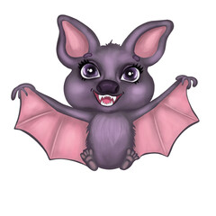 Cute baby bat illustration. Hand drawn watercolor illustration of a little cartoon baby bat. Design for nursery wall art, textile, greeting cards, invitations, wallpapers.