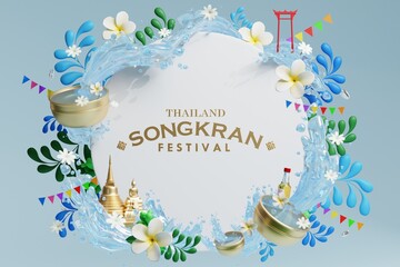 3d Songkran festival background in thailand water festival 3d with with blue water splash,thai architecture. ( Translation thai : Songkran Thailand )
 - obrazy, fototapety, plakaty