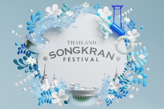 3d Songkran festival background in thailand water festival 3d with with blue water splash,thai architecture. ( Translation thai : Songkran Thailand )
