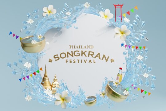 3d Songkran festival background in thailand water festival 3d with with blue water splash,thai architecture. ( Translation thai : Songkran Thailand )
