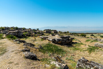 Northern Necropolis of Hierapolis near Pamukkale, Denizli. Old grave monuments, tumulus graves. Copy space for text. 