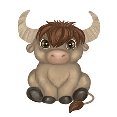 Cute baby bull illustration. Hand drawn watercolor illustration of a little cartoon baby buffalo boy. Design for nursery wall art, textile, greeting cards, invitations, wallpapers.