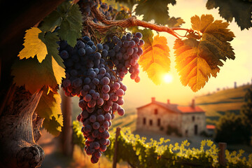 Vine grown, ripe wine grapes in Tuscany, Italy. Beautiful winery and vineyard. Generative AI