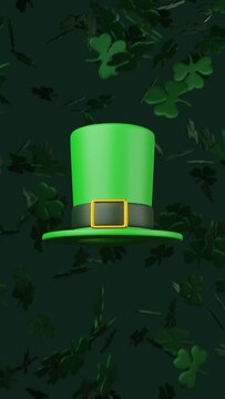 3d render Animation of falling green shamrock leafs and Green Hat for St. Patrick's Day. High quality vertical video
