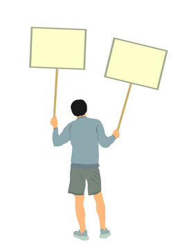 Demonstrator man protester hold banner in hands vector illustration isolated. Hand holding protest placard sign on demonstration, revolution meeting. Loud boy angry laborer with poster on street event