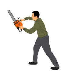 Lumberjack with chainsaw vector illustration isolated on white background. woodpecker on duty. Logger worker. Lumberman in action. Woodcutter vector. Man with saw. Forester industrial work in wood.