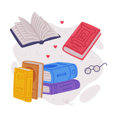 Pile of books with colorful covers and glasses. Science, hobby, education concept cartoon vector illustration