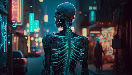 Fototapeta na wymiar Generative AI of a human skeleton in a city street at night